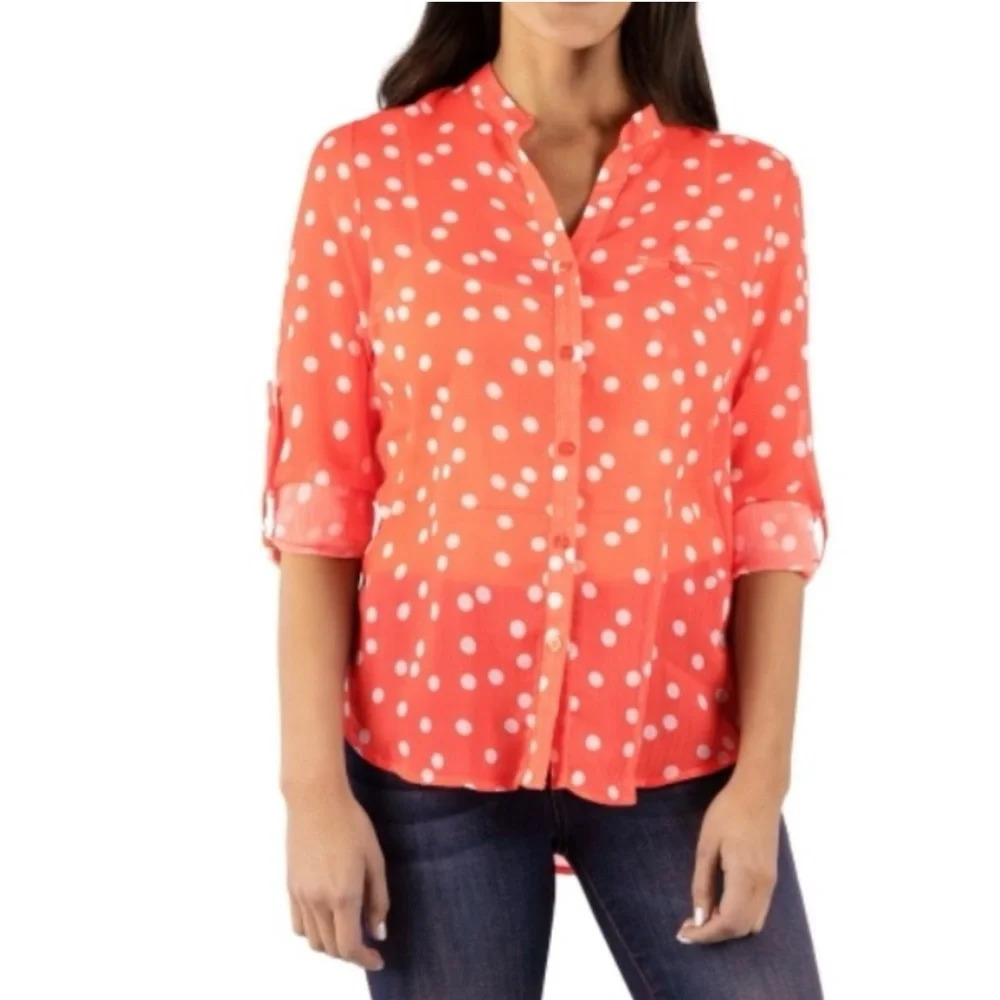 Kut from the Kloth Jasmine Chiffon Sheer Blouse Orange Polka Dot size medium